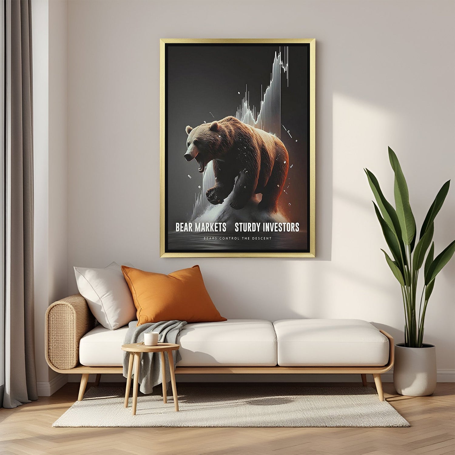 Golden floater frame stock market bear motivational canvas painting for home or office