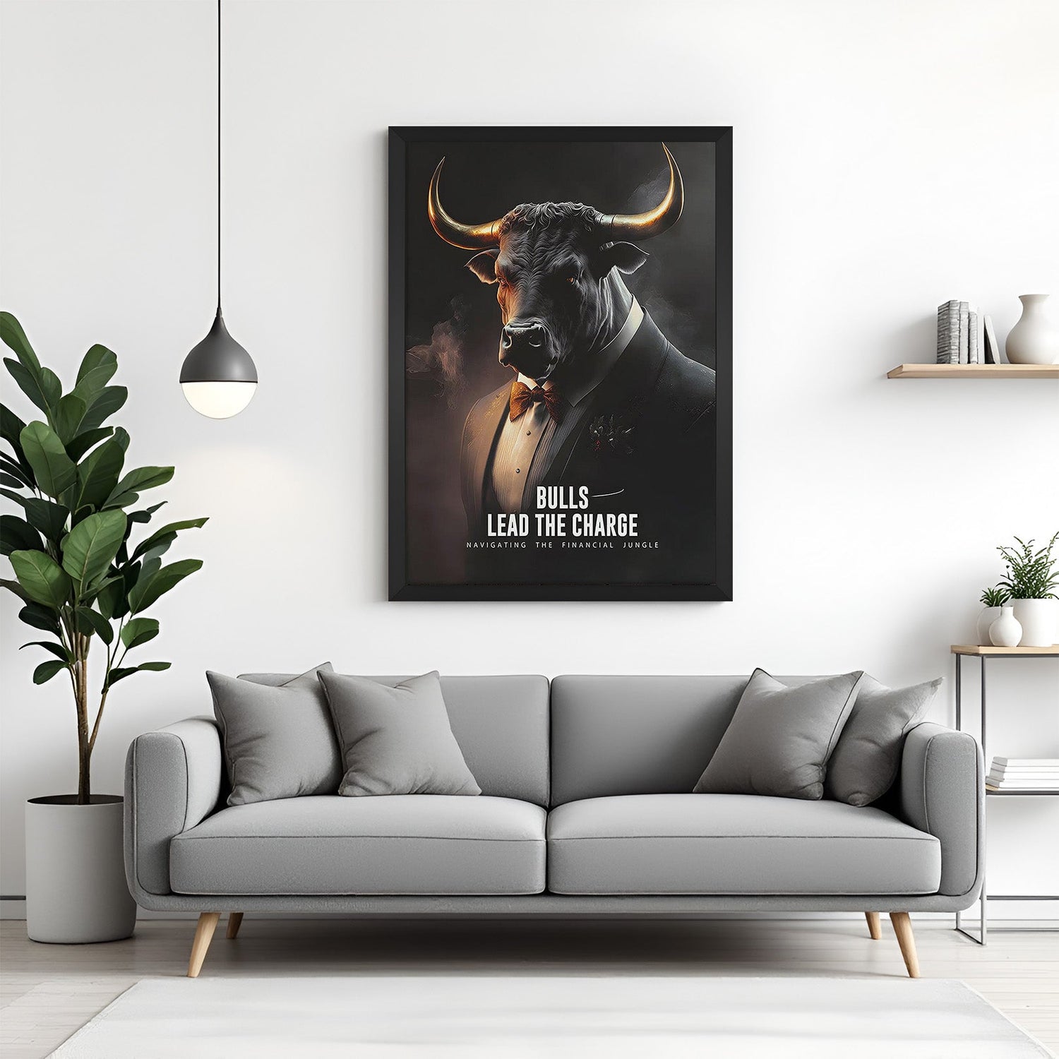 Stock market bull canvas wall art in black floater frame for trading or investment space