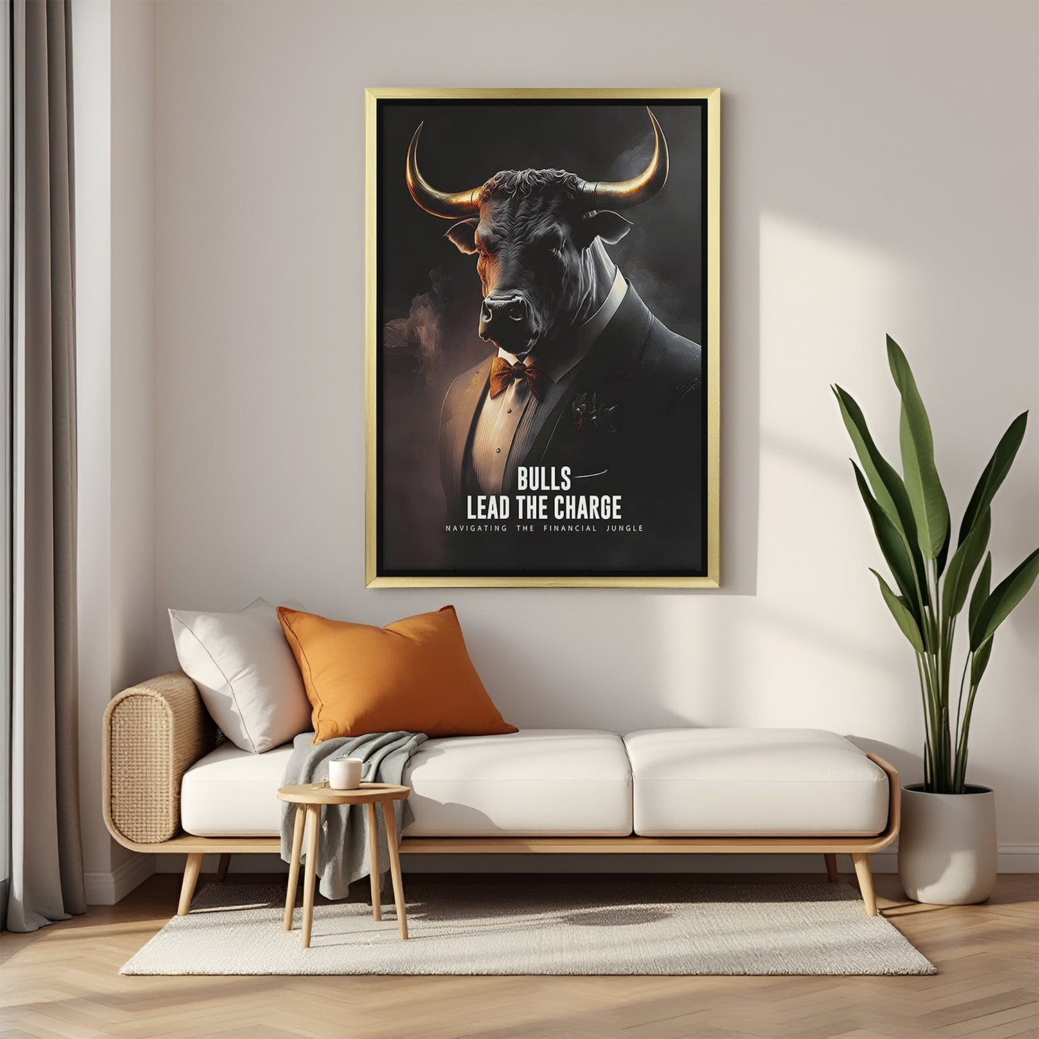 Stock market bull motivational wall art in golden floater frame for home decor