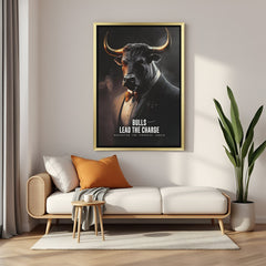 Stock market bull motivational wall art in golden floater frame for home decor