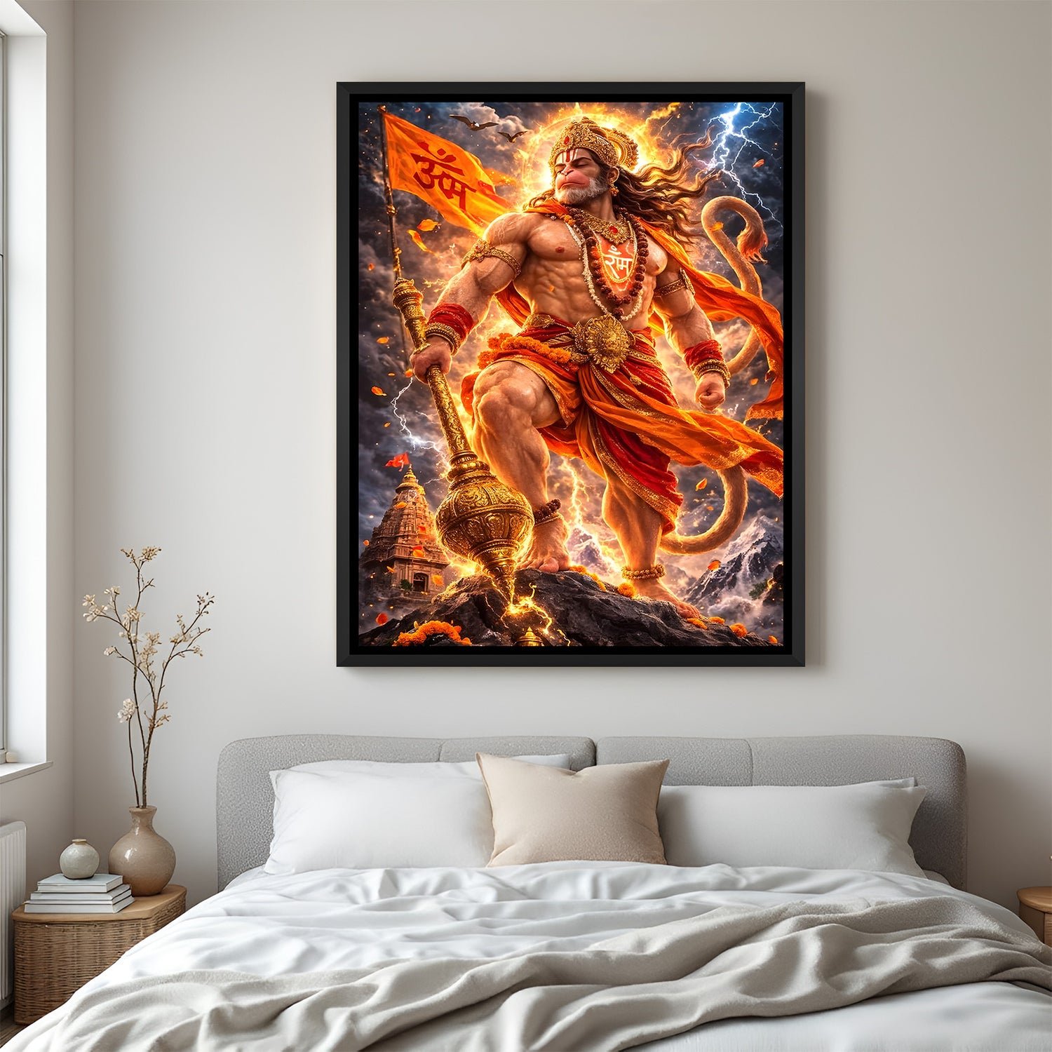 Powerful Hanuman artwork with gada and storm clouds in elegant black floater frame