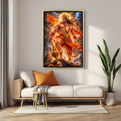 Stormbearer Hanuman artwork in luxury golden floater frame featuring divine warrior against stormy sky