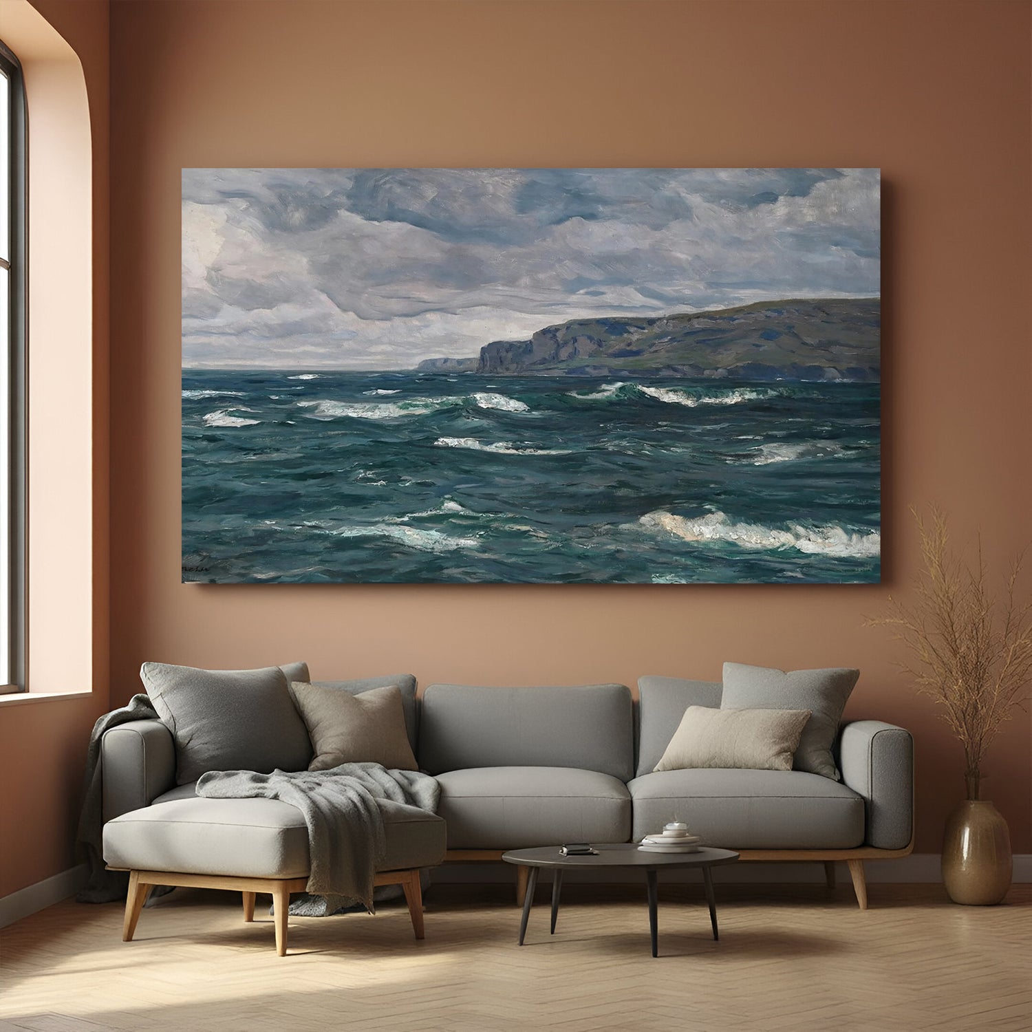 Vintage canvas wall art of sea with dark clouds and hills—ancient-style coastal painting for moody home decor