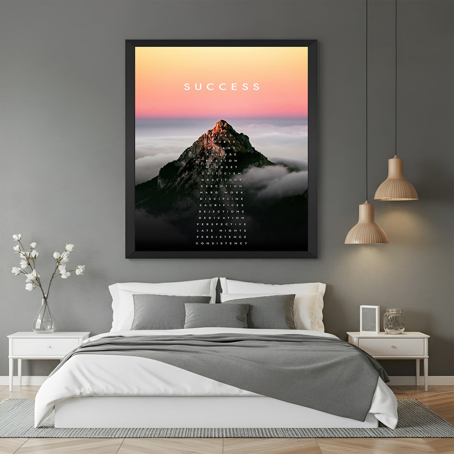 Success motivational canvas wall art with black floater frame
