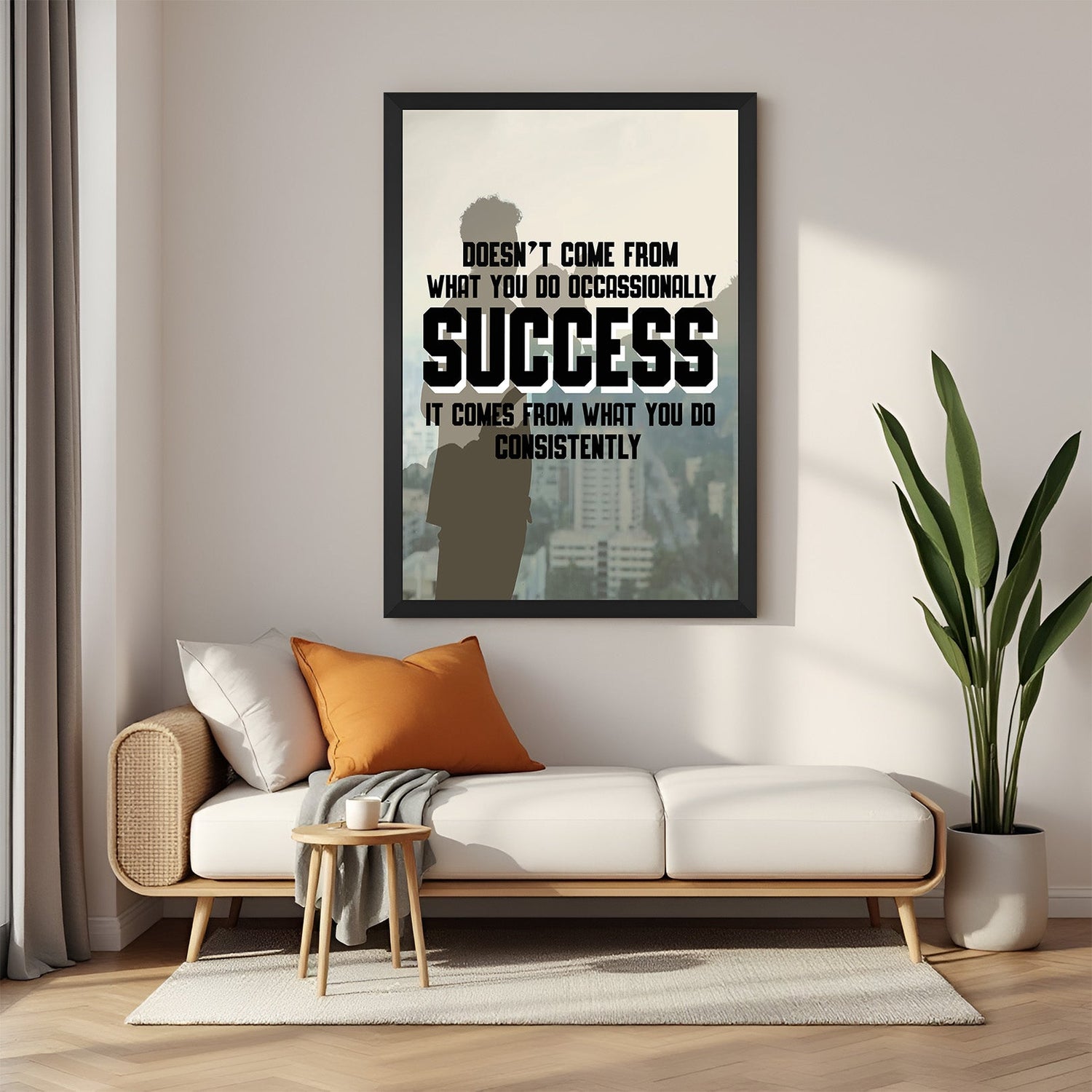 Motivational wall art with black floater frame featuring consistency quote