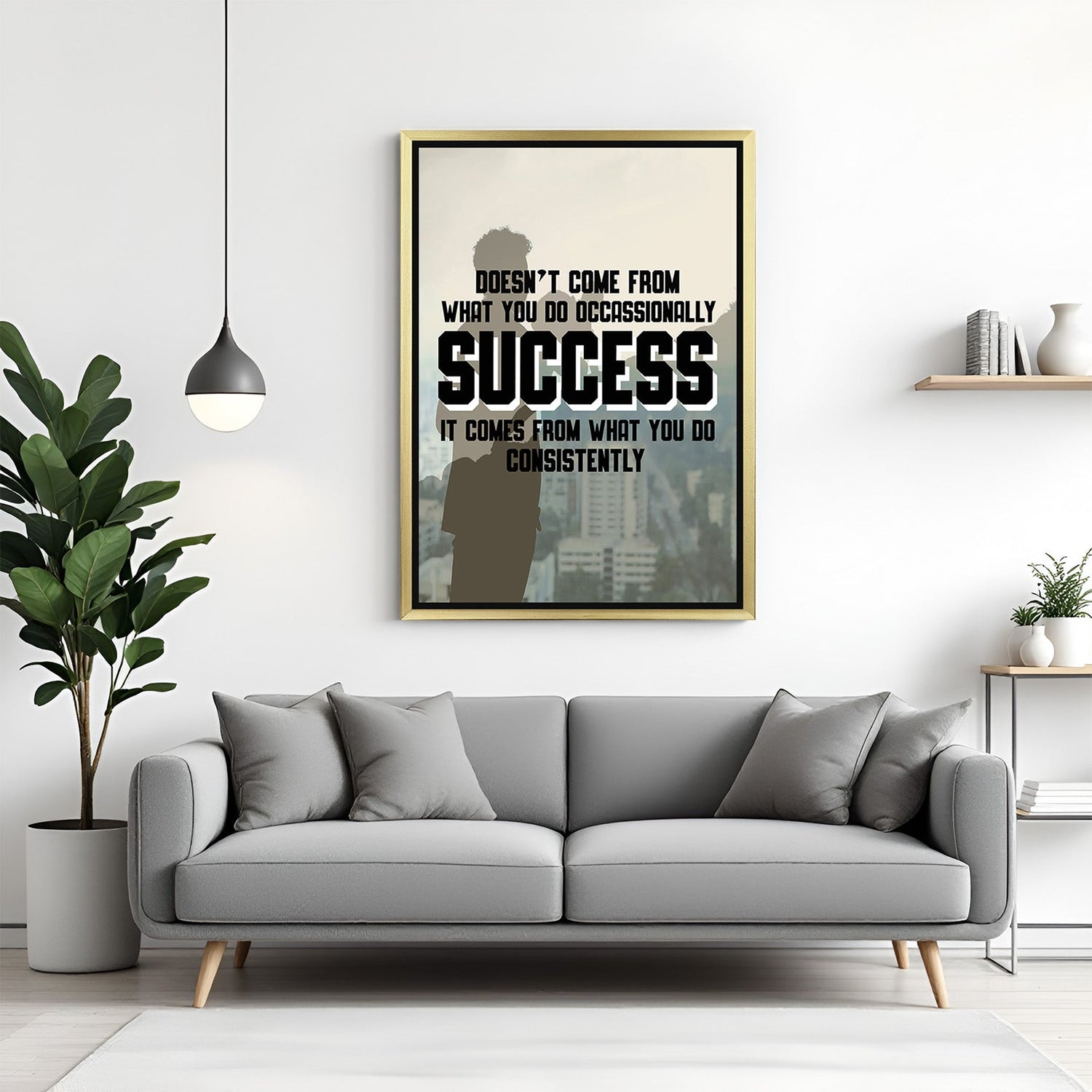 Motivational wall art with golden floater frame featuring success quote