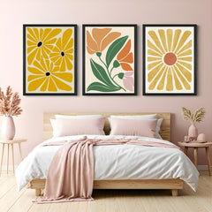 Bohemian canvas trio featuring 3 flowers, 3-color florals, and a boho sun – perfect for soft, minimal, nature-inspired wall decor
