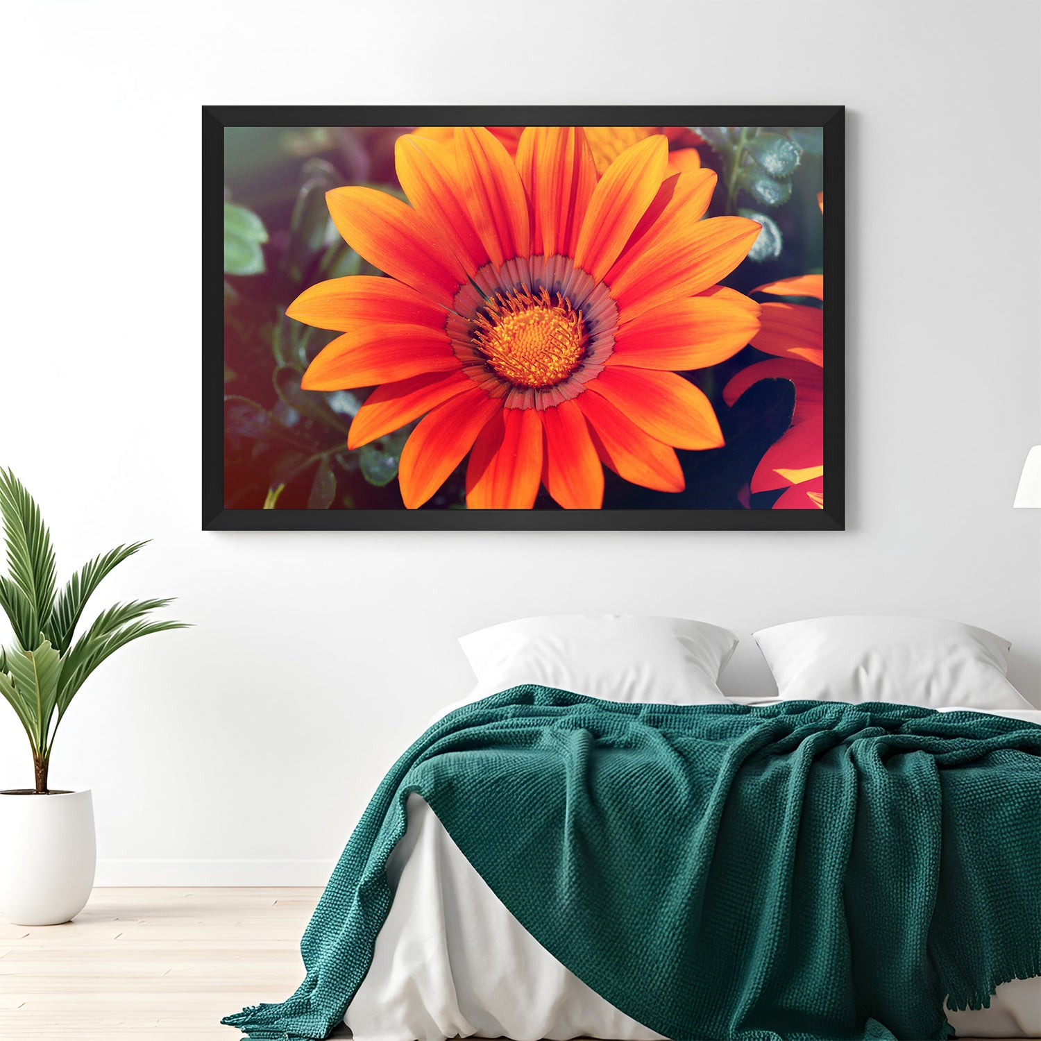 Framed canvas print showing the entire face of a sunflower in full bloom with black floater frame, ideal for modern and bright interiors