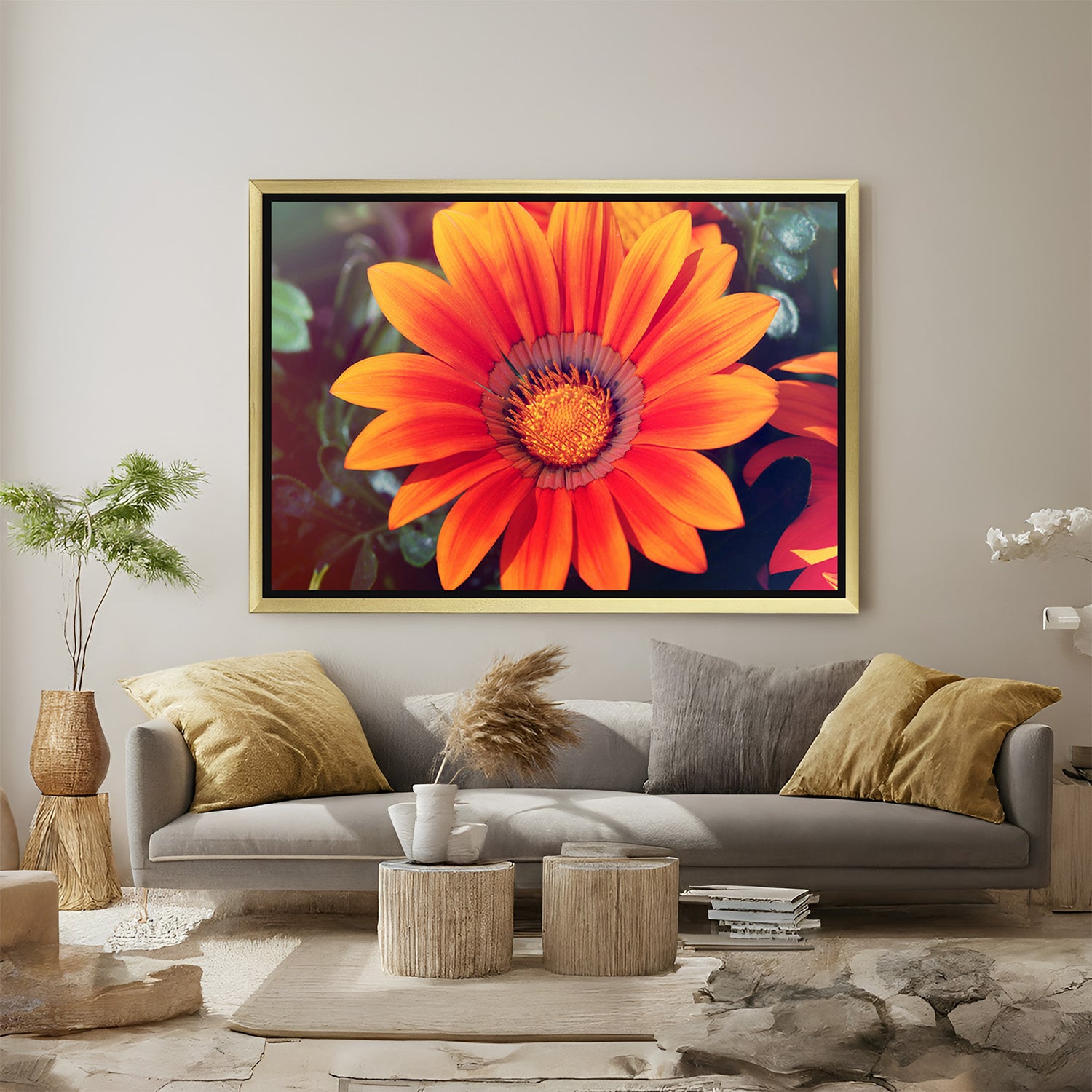 Golden-framed large wall art of a sunflower face, designed to add warmth and joy to nature-inspired home or office decor