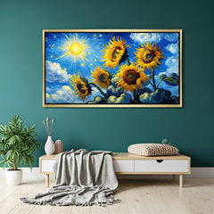 Golden-framed sunflower canvas print with artistic swirling sky, ideal for bold and imaginative home or office wall decor