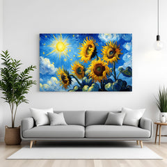Canvas wall art featuring blooming sunflowers beneath a textured sky with swirling brush strokes, perfect for creative and colorful decor