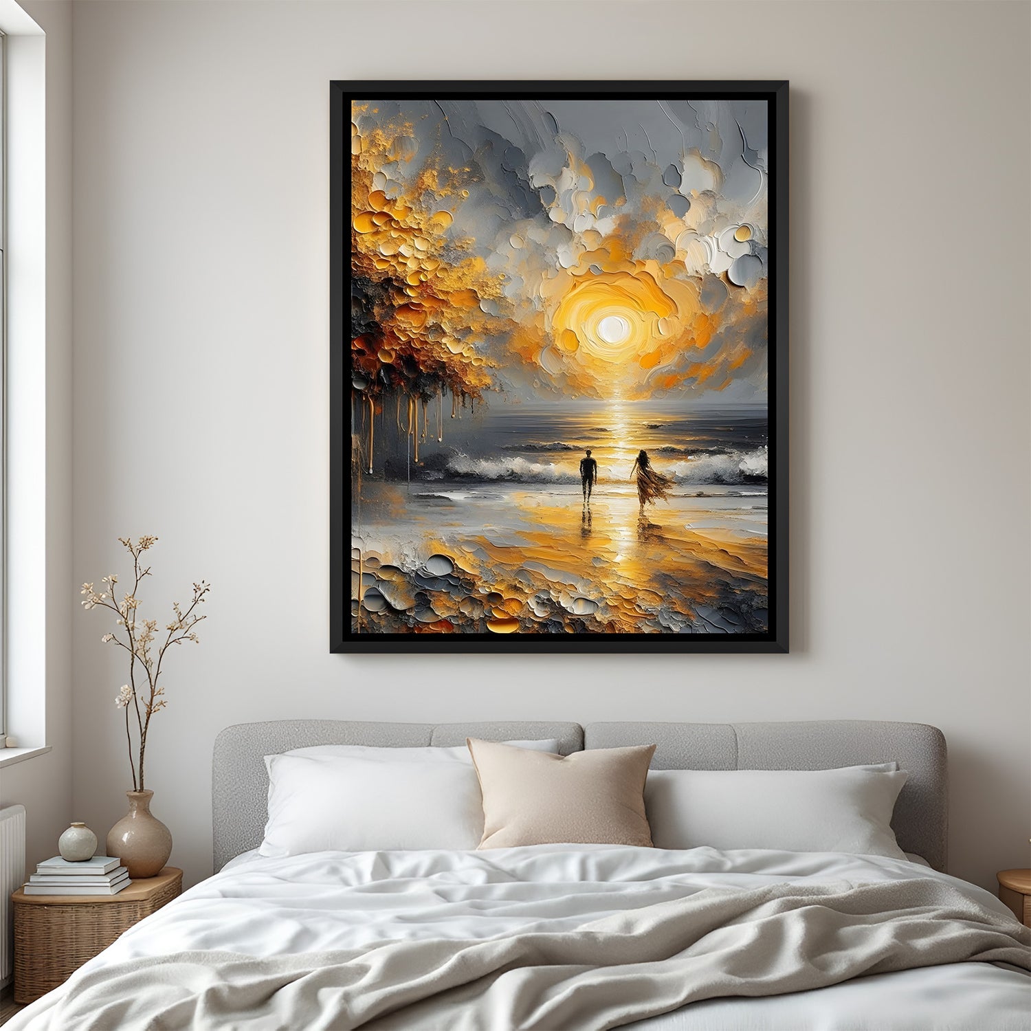 Man and woman walking on beach sunset modern art canvas in black floater frame