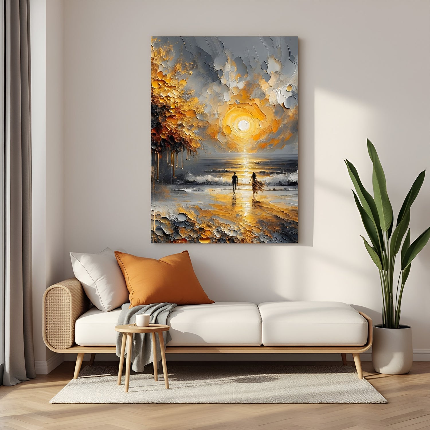 Modern painted canvas art of couple walking on beach at sunset with yellow tree in canvas wrapped frame