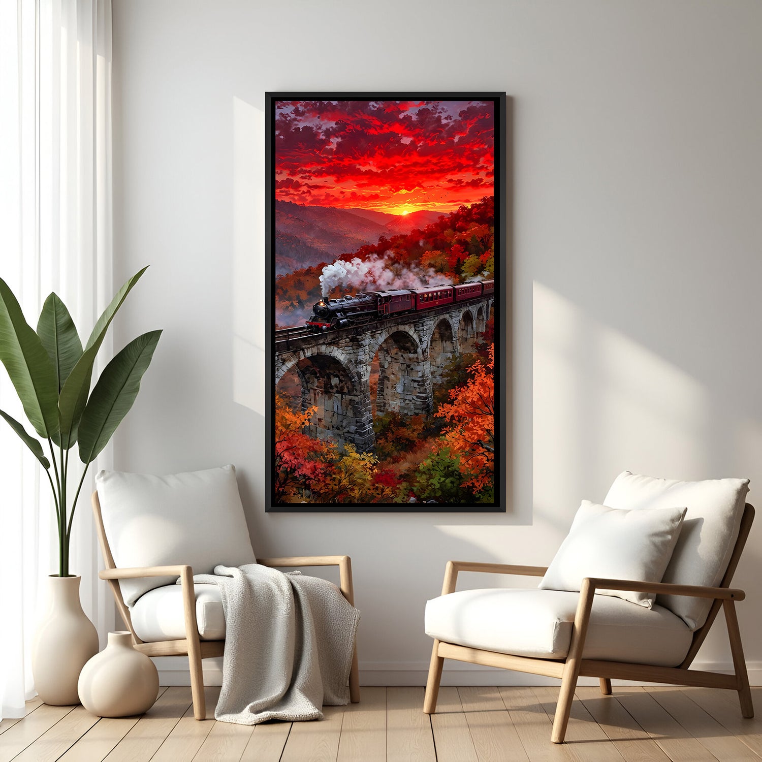 Train on bridge sunset artwork in elegant black floater frame with scenic landscape and glowing sky