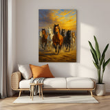 Sunset seven running horses canvas wall art wrapped on stretcher frame displayed in modern living room