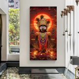 Canvas wrapped vertical Jagannath sunset temple wall art with glowing red halo and floral petals.