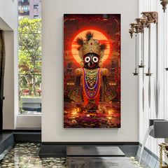 Canvas wrapped vertical Jagannath sunset temple wall art with glowing red halo and floral petals.