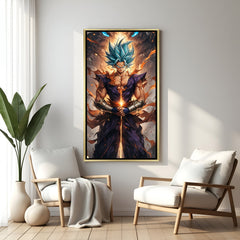 Super Saiyan Blue Goku Dragon Ball wall art in luxury golden floater frame with anime sword design