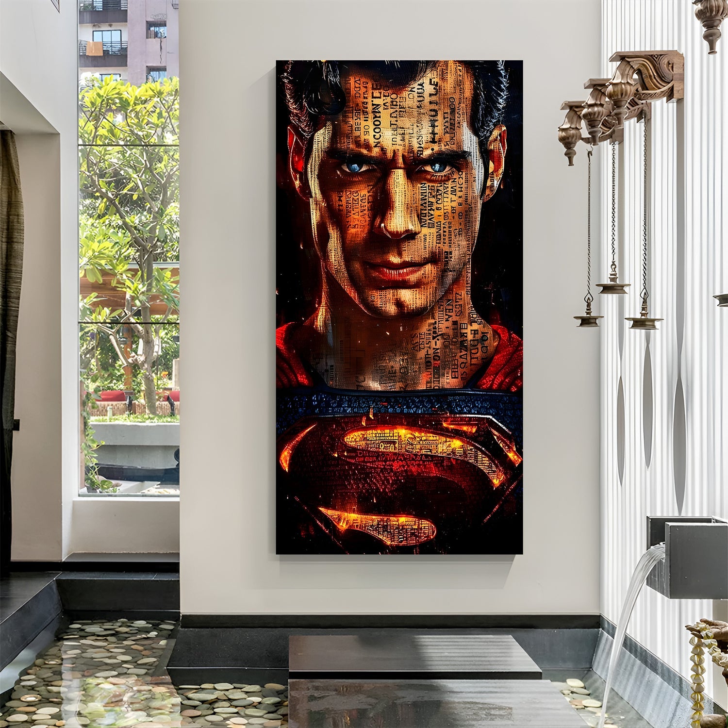 Superman Chronicle Portrait canvas wall art featuring newspaper typography and glowing superhero emblem in premium canvas wrapped frame