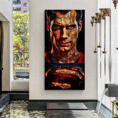 Superman Chronicle Portrait canvas wall art featuring newspaper typography and glowing superhero emblem in premium canvas wrapped frame