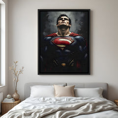 Superman Horizon of Hope wall painting in black floater frame with emotional superhero artwork looking toward the sky