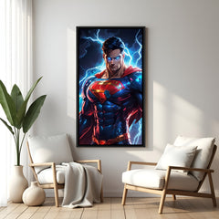 Superman cosmic power canvas art in black floater frame - dramatic DC wall decor