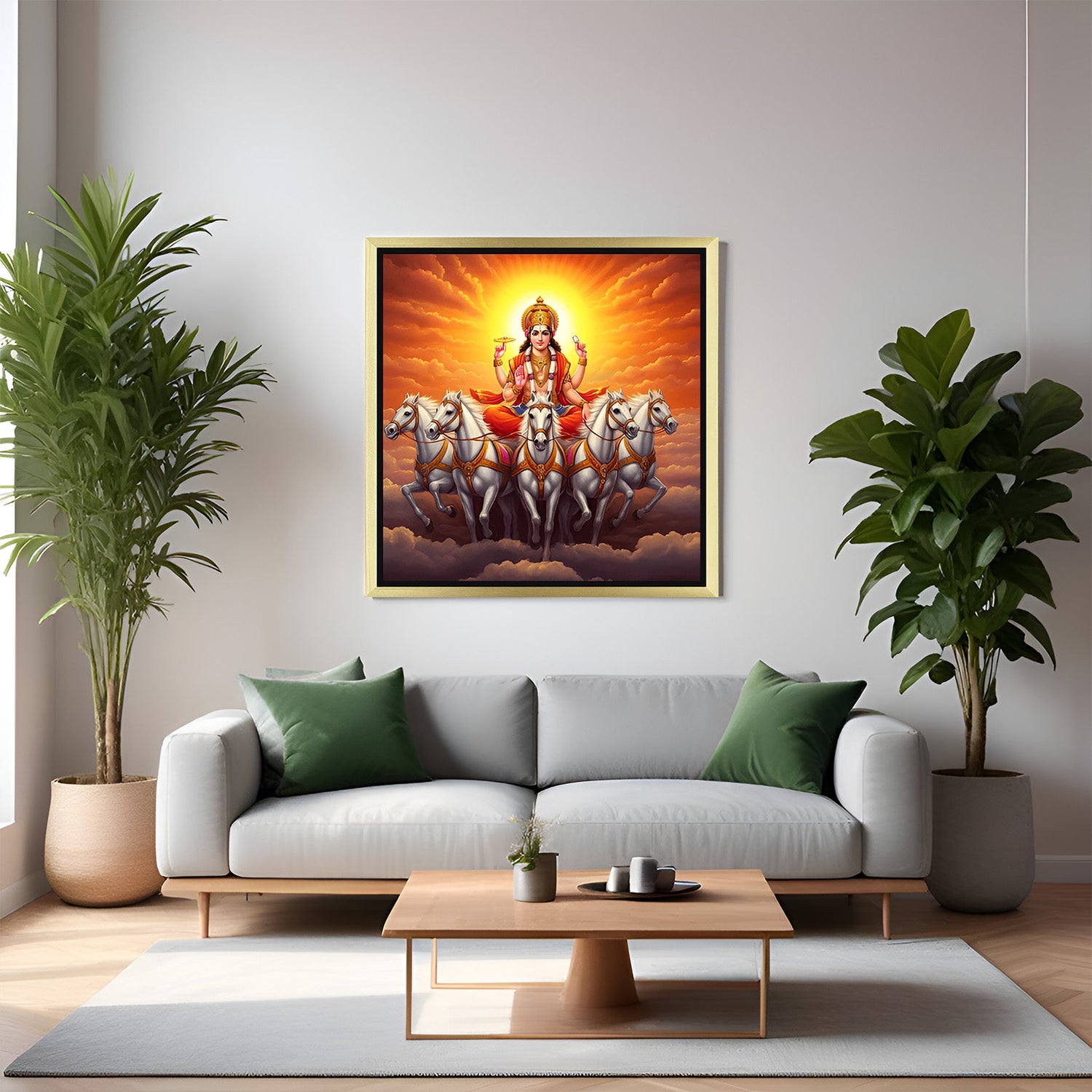 golden frame vastu canvas painting of surya dev for attracting success growth and spiritual brightness in vastu aligned decor
