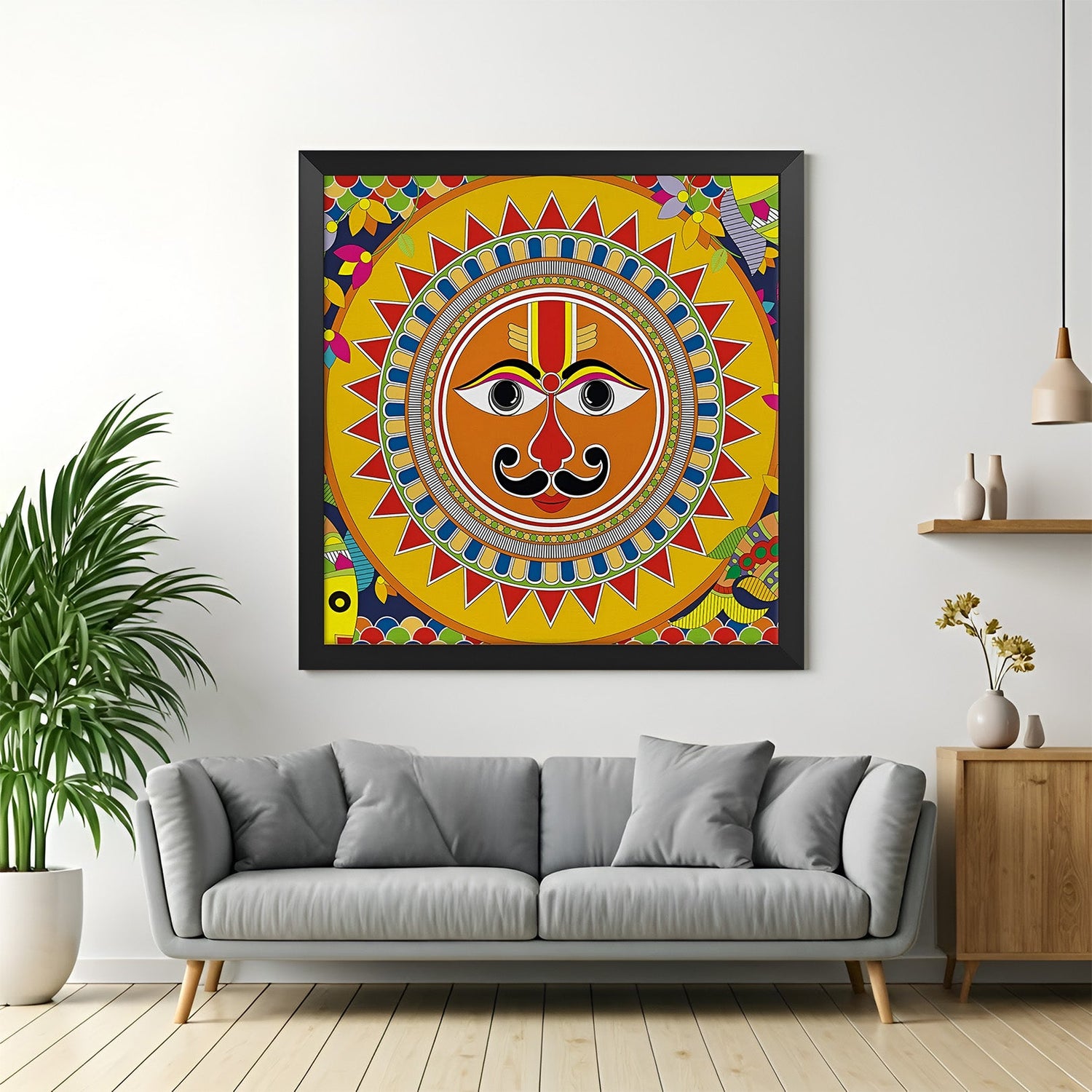 Black frame Surya Devta canvas wall art – traditional Indian painting for Vastu-based home and office interiors