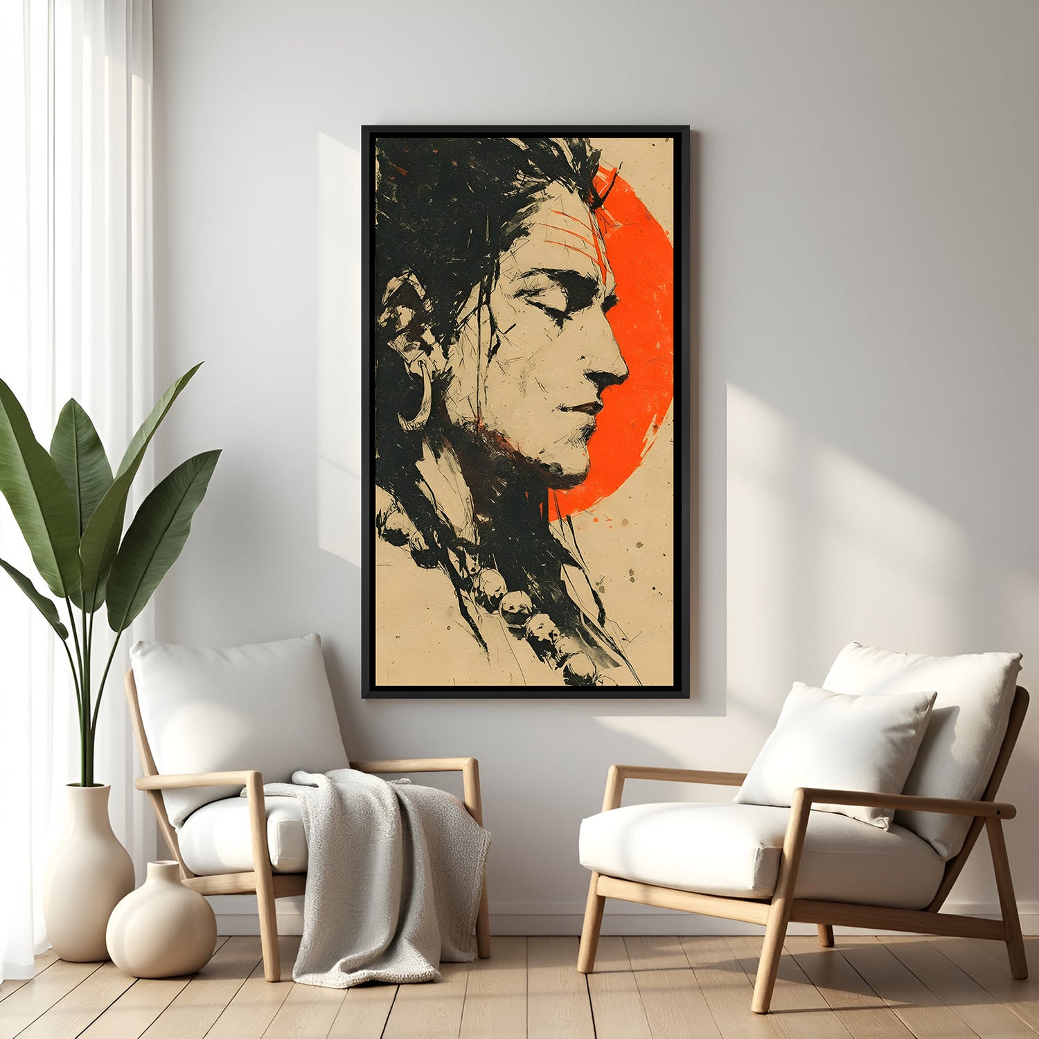 Modern Mahadev circular orange background artwork in elegant black floater frame