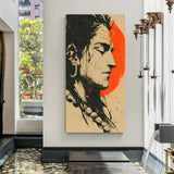 Stylized Lord Shiva high-definition print against orange circular background in premium canvas wrapped frame