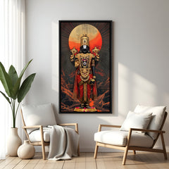 Tirupati Balaji artwork with radiant sun halo in elegant black floater frame
