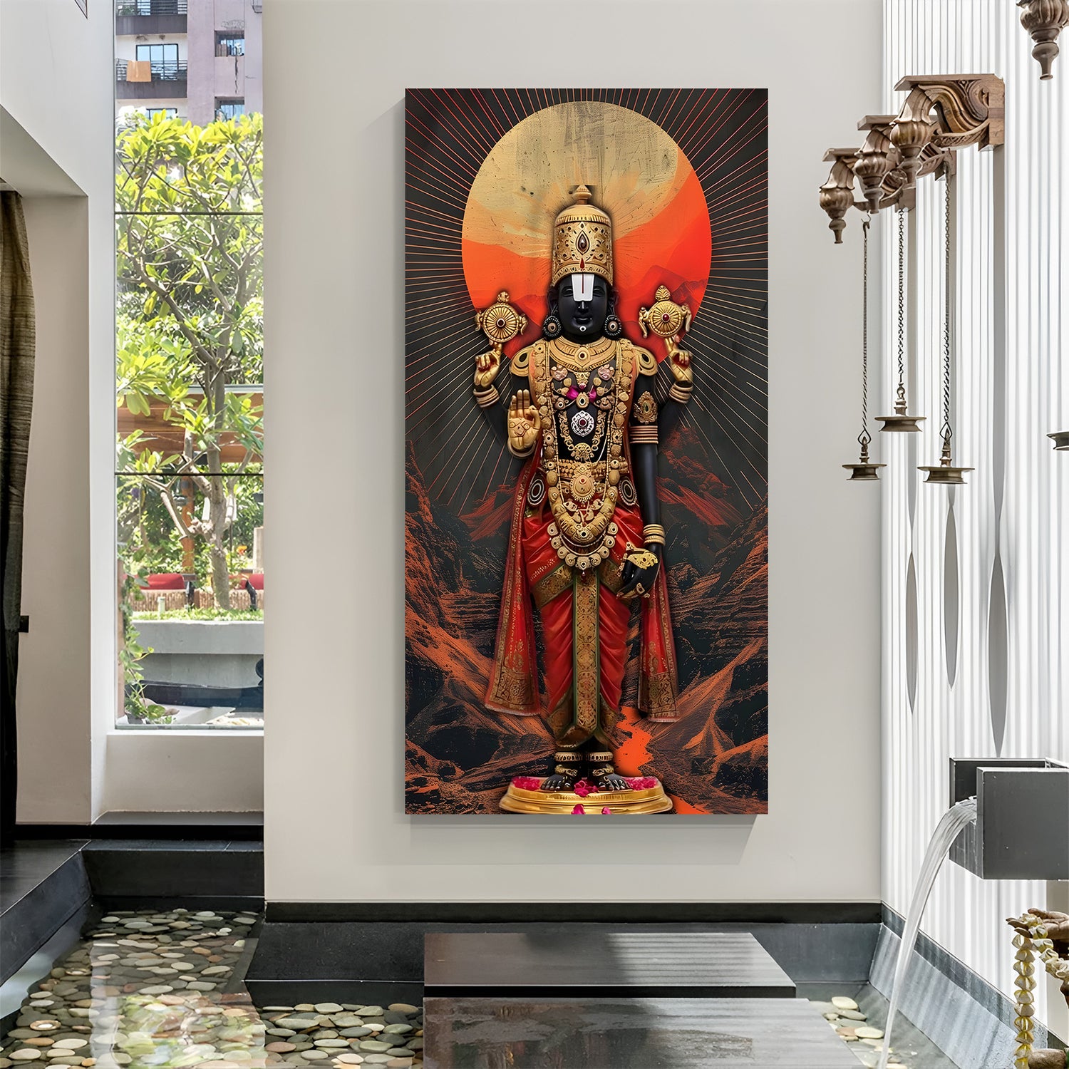 Vertical Tirupati Balaji canvas painting with dramatic sun backdrop in premium canvas wrapped frame