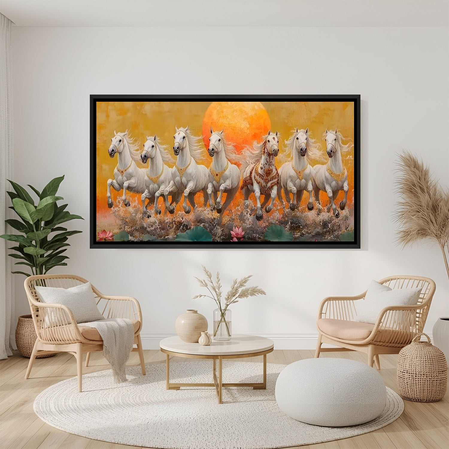 Seven running white horses with lotus flowers artwork in elegant black floater frame vastu wall decor