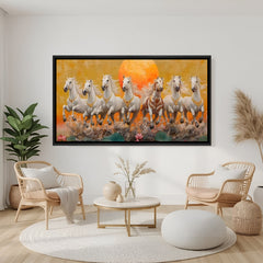Seven running white horses with lotus flowers artwork in elegant black floater frame vastu wall decor