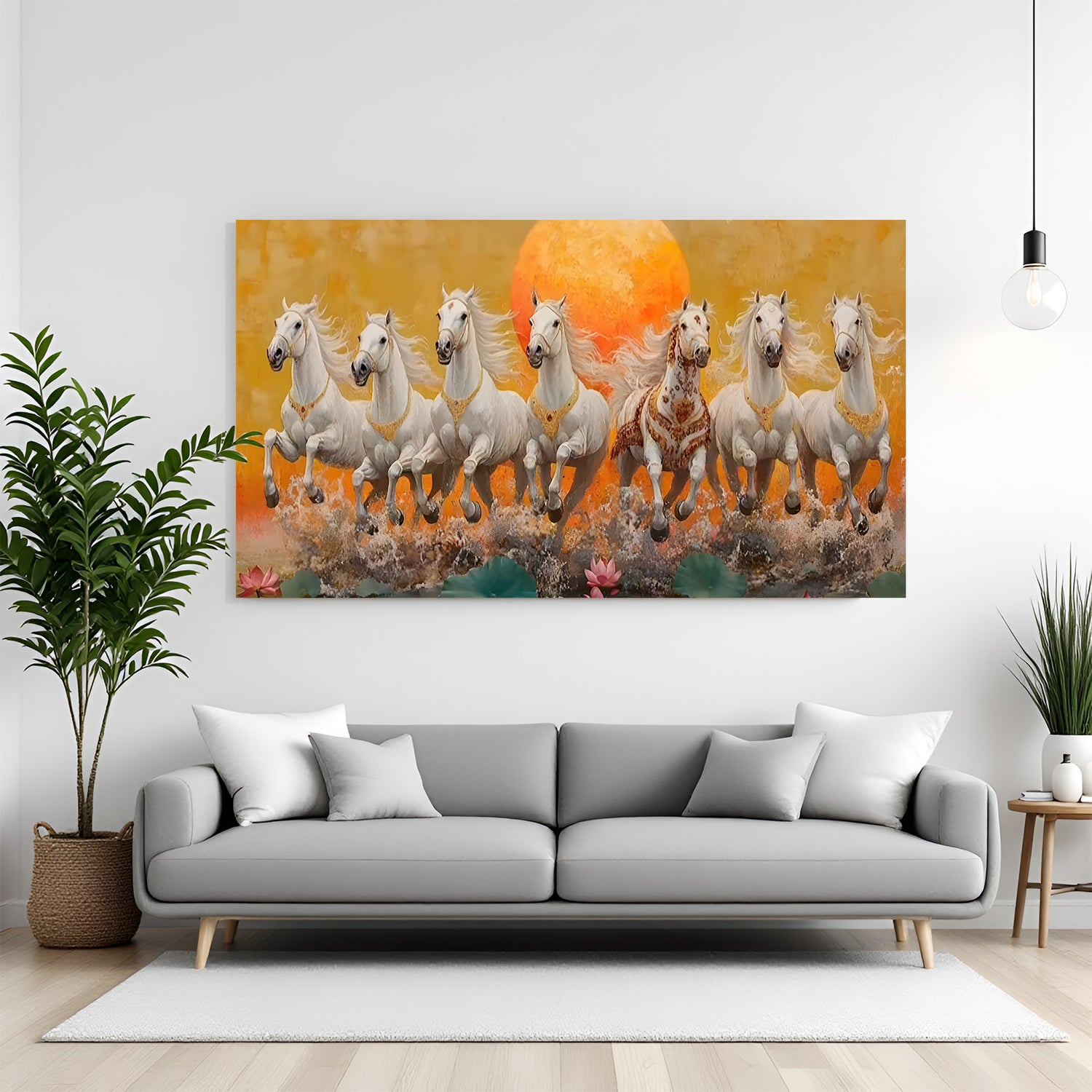 Seven white horses galloping across a sunlit landscape with lotus flowers canvas wall art in premium canvas wrapped frame