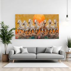 Seven white horses galloping across a sunlit landscape with lotus flowers canvas wall art in premium canvas wrapped frame