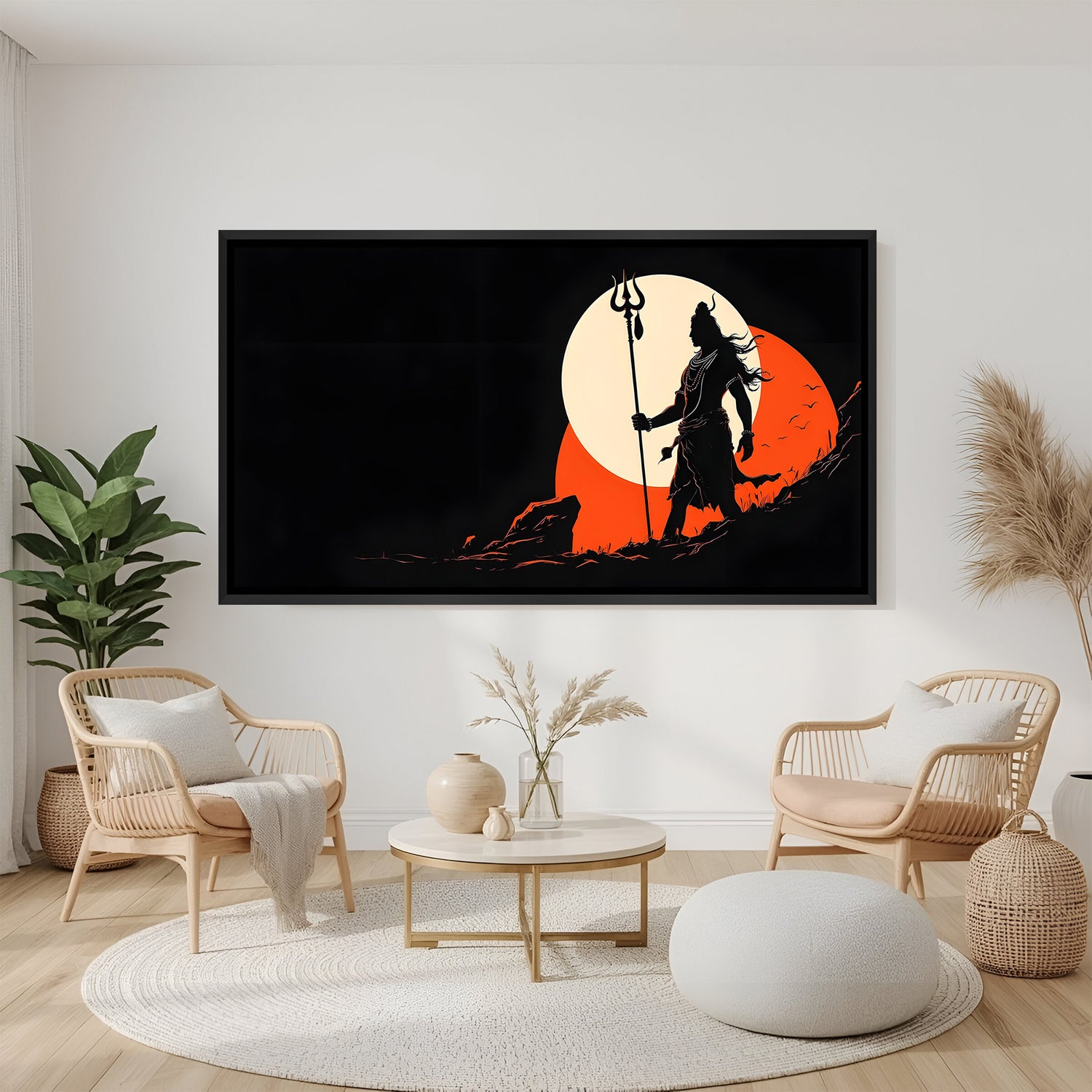 Mahadev silhouette with Trishul and radiant sun artwork in elegant black floater frame