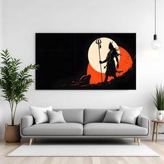 Lord Shiva silhouette holding a trident against a large sun canvas wall art in premium canvas wrapped frame