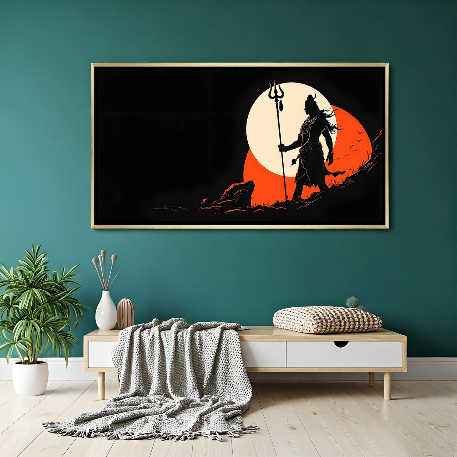 Lord Shiva silhouette canvas painting with large sun backdrop in luxurious golden floater frame