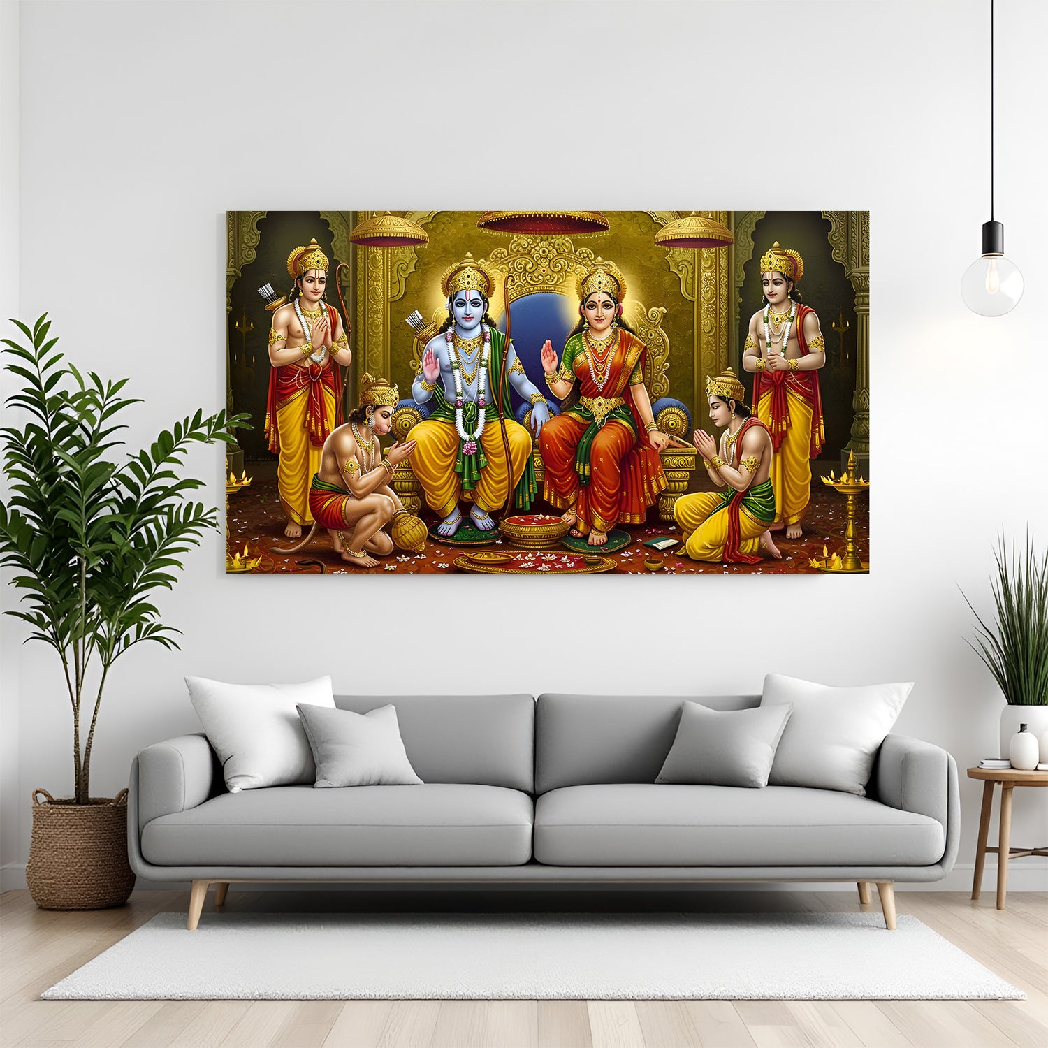 Ram Darbar canvas wall art featuring Lord Rama and Sita on a royal throne with Lakshmana Bharata Shatrughna and Hanuman