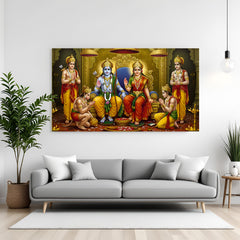Ram Darbar canvas wall art featuring Lord Rama and Sita on a royal throne with Lakshmana Bharata Shatrughna and Hanuman