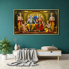 Divine Ram Darbar canvas painting in luxurious golden floater frame featuring the royal family of Ayodhya
