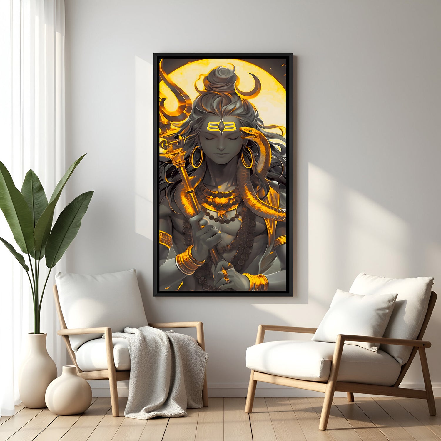 Elegant Lord Shiva artwork with golden accents in black floater frame for spiritual home decor
