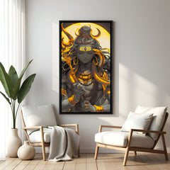 Elegant Lord Shiva artwork with golden accents in black floater frame for spiritual home decor