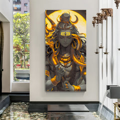 Lord Shiva canvas wall art with prominent gold highlights and serene expression in premium canvas wrapped frame