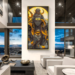 Serene Mahadev canvas painting with radiant gold highlights in luxurious golden floater frame