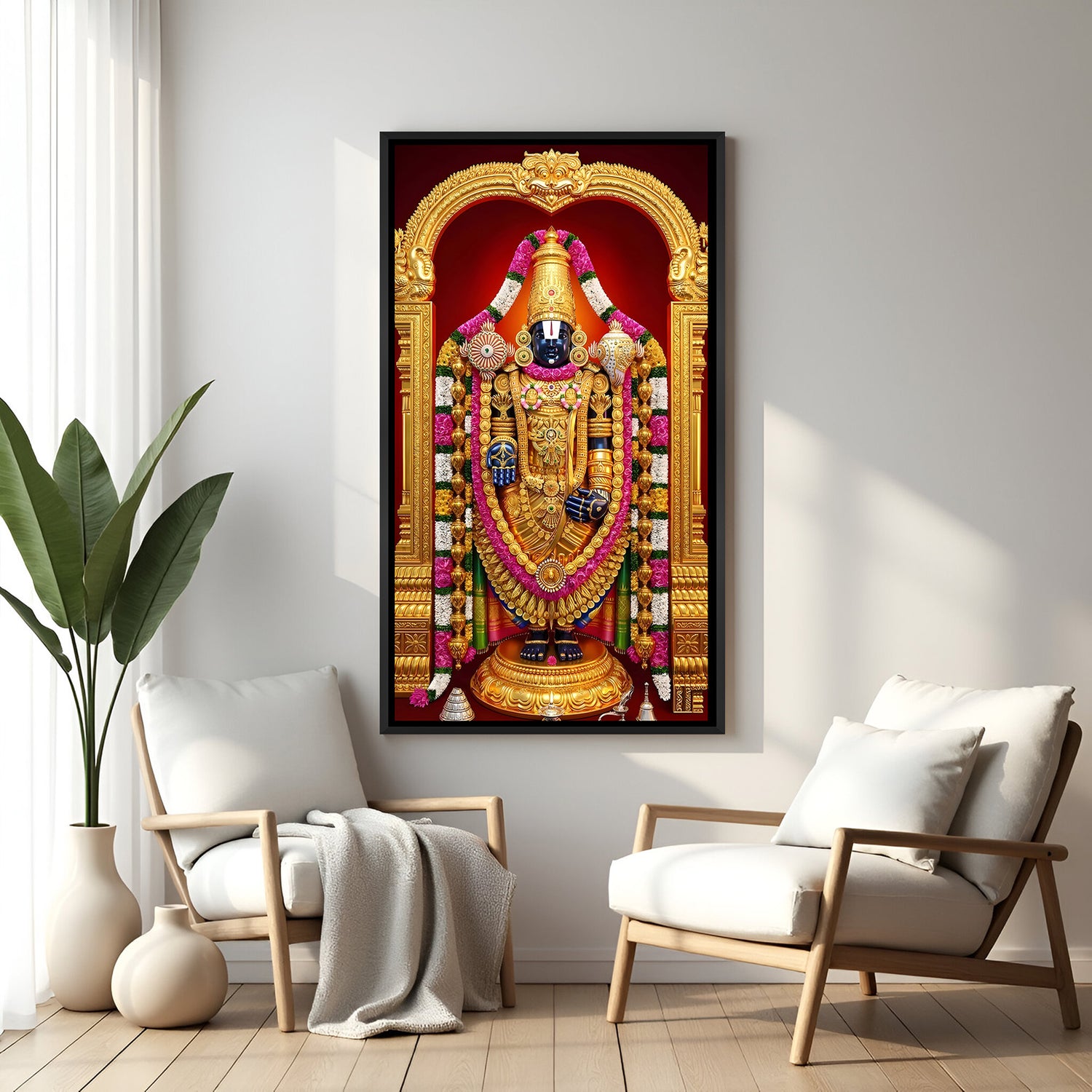 Vivid Lord Venkateswara painting with ornate golden arch in elegant black floater frame