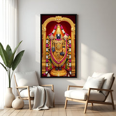 Vivid Lord Venkateswara painting with ornate golden arch in elegant black floater frame