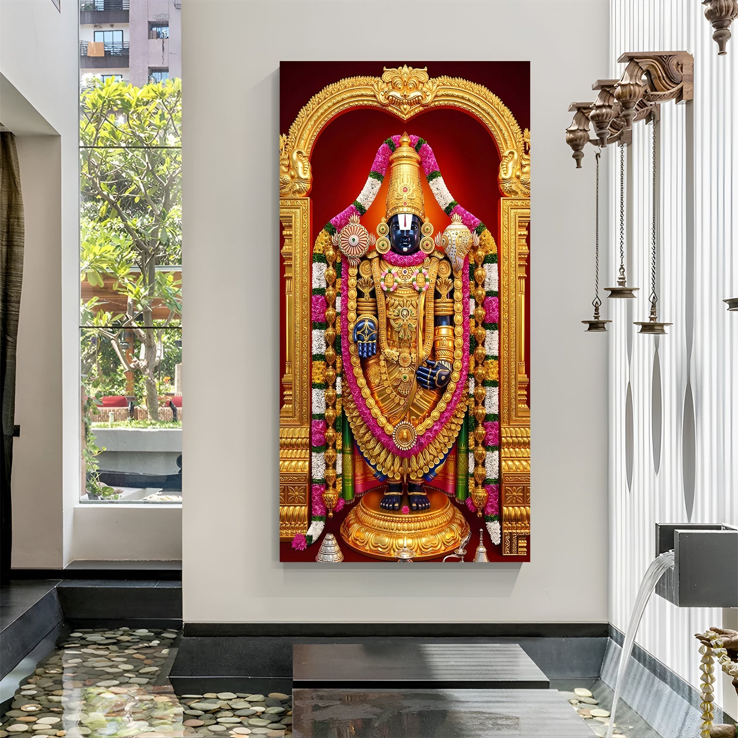 Detailed Tirupati Balaji artwork within a traditional golden archway in premium canvas wrapped frame