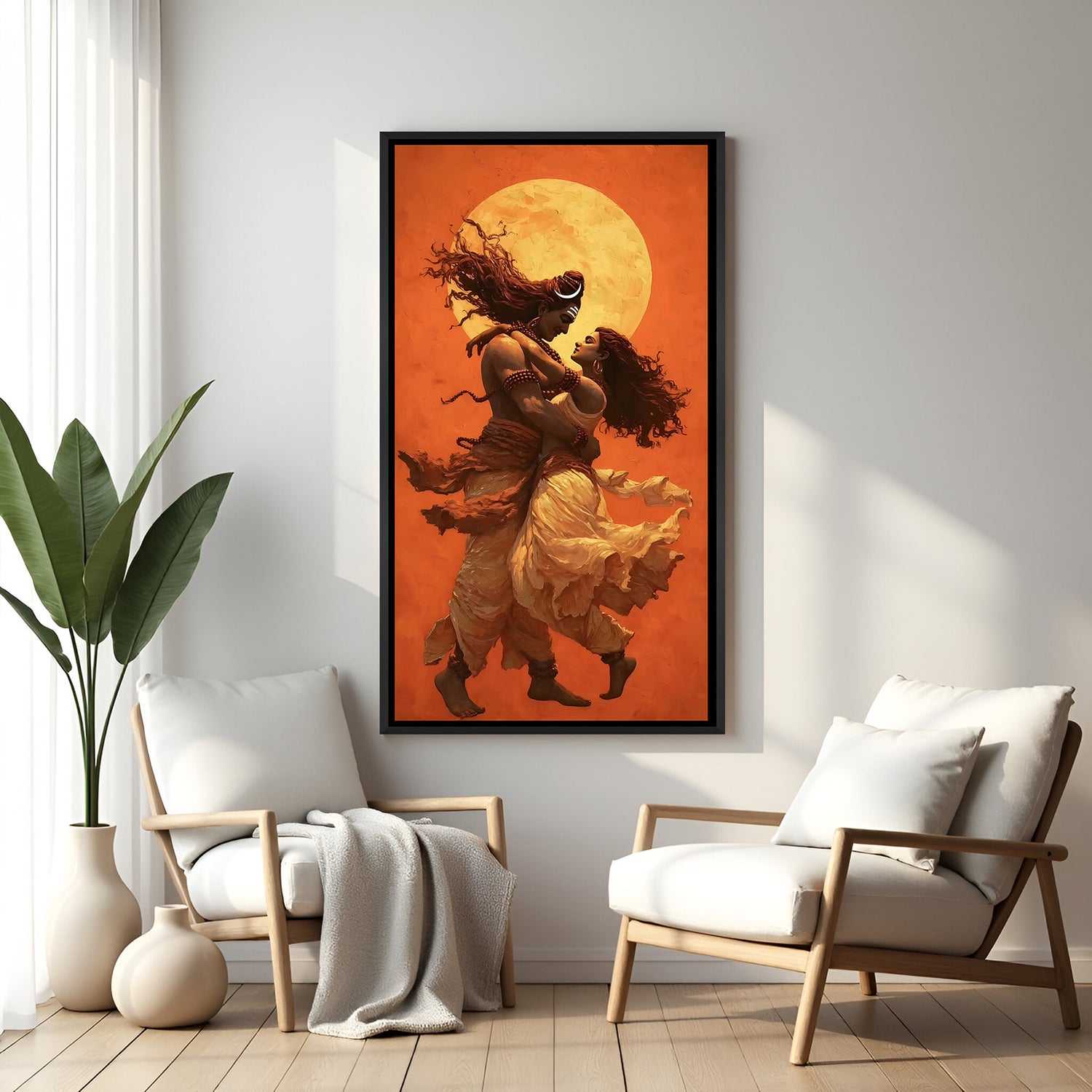 Shiv Shakti embrace artwork with radiant golden tones in elegant black floater frame